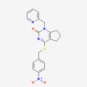 molecular formula C20H18N4O3S B2452288 4-((4-硝基苄基)硫代)-1-(吡啶-2-甲基)-6,7-二氢-1H-环戊[d]嘧啶-2(5H)-酮 CAS No. 899957-73-4