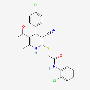molecular formula C23H19Cl2N3O2S B2452316 2-((5-acetyl-4-(4-chlorophenyl)-3-cyano-6-methyl-1,4-dihydropyridin-2-yl)thio)-N-(2-chlorophenyl)acetamide CAS No. 897832-83-6