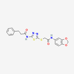 molecular formula C20H18N4O4S2 B2452343 N-(5-((2-(benzo[d][1,3]dioxol-5-ylamino)-2-oxoethyl)thio)-1,3,4-thiadiazol-2-yl)-3-phenylpropanamide CAS No. 868977-12-2