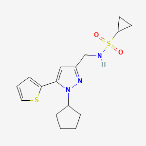molecular formula C16H21N3O2S2 B2452356 N-((1-环戊基-5-(噻吩-2-基)-1H-吡唑-3-基)甲基)环丙烷磺酰胺 CAS No. 1421459-27-9
