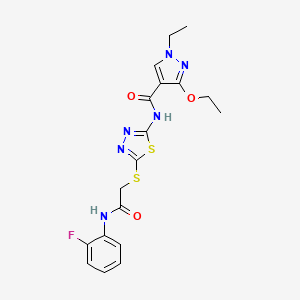 molecular formula C18H19FN6O3S2 B2452407 3-ethoxy-1-ethyl-N-(5-((2-((2-fluorophenyl)amino)-2-oxoethyl)thio)-1,3,4-thiadiazol-2-yl)-1H-pyrazole-4-carboxamide CAS No. 1171609-23-6