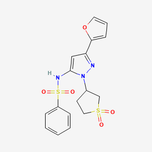 molecular formula C17H17N3O5S2 B2452442 N-(1-(1,1-dioxidotetrahydrothiophen-3-yl)-3-(furan-2-yl)-1H-pyrazol-5-yl)benzenesulfonamide CAS No. 1172723-70-4