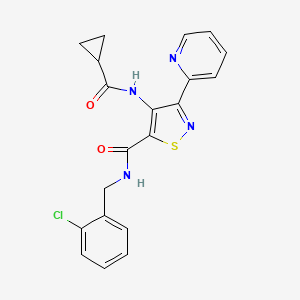 molecular formula C20H17ClN4O2S B2452536 N-(2-chlorobenzyl)-4-[(cyclopropylcarbonyl)amino]-3-pyridin-2-ylisothiazole-5-carboxamide CAS No. 1251677-11-8