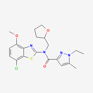 molecular formula C20H23ClN4O3S B2452541 N-(7-chloro-4-methoxybenzo[d]thiazol-2-yl)-1-ethyl-5-methyl-N-((tetrahydrofuran-2-yl)methyl)-1H-pyrazole-3-carboxamide CAS No. 1173245-81-2