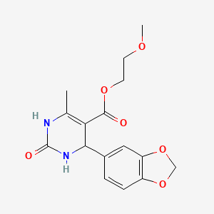 molecular formula C16H18N2O6 B2452594 2-Methoxyethyl 4-(1,3-benzodioxol-5-yl)-6-methyl-2-oxo-1,2,3,4-tetrahydropyrimidine-5-carboxylate CAS No. 294197-63-0