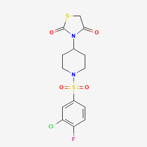 molecular formula C14H14ClFN2O4S2 B2452600 3-(1-((3-Chloro-4-fluorophenyl)sulfonyl)piperidin-4-yl)thiazolidine-2,4-dione CAS No. 1795089-99-4