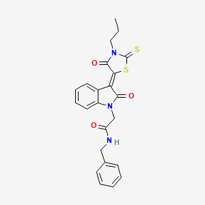 molecular formula C23H21N3O3S2 B2452625 (Z)-N-benzyl-2-(2-oxo-3-(4-oxo-3-propyl-2-thioxothiazolidin-5-ylidene)indolin-1-yl)acetamide CAS No. 865593-34-6