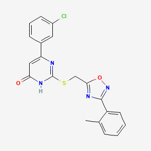 molecular formula C20H15ClN4O2S B2452638 6-(3-Chlorophenyl)-2-(((3-(o-tolyl)-1,2,4-oxadiazol-5-yl)methyl)thio)pyrimidin-4-ol CAS No. 1286690-20-7