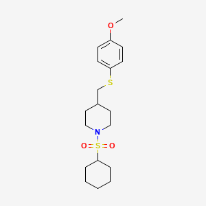 molecular formula C19H29NO3S2 B2452714 1-(环己基磺酰基)-4-(((4-甲氧基苯基)硫代)甲基)哌啶 CAS No. 1421463-08-2
