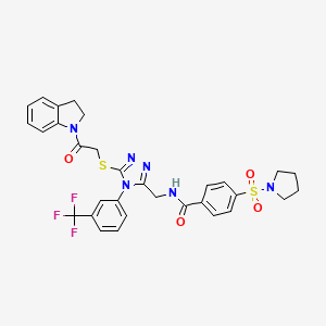 molecular formula C31H29F3N6O4S2 B2452962 N-[[5-[2-(2,3-dihydroindol-1-yl)-2-oxoethyl]sulfanyl-4-[3-(trifluoromethyl)phenyl]-1,2,4-triazol-3-yl]methyl]-4-pyrrolidin-1-ylsulfonylbenzamide CAS No. 310449-27-5