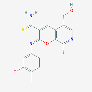 molecular formula C18H16FN3O2S B2452992 (2Z)-2-[(3-fluoro-4-methylphenyl)imino]-5-(hydroxymethyl)-8-methyl-2H-pyrano[2,3-c]pyridine-3-carbothioamide CAS No. 931315-63-8
