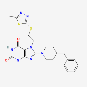 molecular formula C23H27N7O2S2 B2453024 8-(4-benzylpiperidin-1-yl)-3-methyl-7-(2-((5-methyl-1,3,4-thiadiazol-2-yl)thio)ethyl)-1H-purine-2,6(3H,7H)-dione CAS No. 672913-78-9