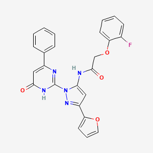 molecular formula C25H18FN5O4 B2453034 2-(2-Fluorophenoxy)-N-(3-(furan-2-yl)-1-(6-oxo-4-phenyl-1,6-dihydropyrimidin-2-yl)-1H-pyrazol-5-yl)acetamide CAS No. 1209367-31-6