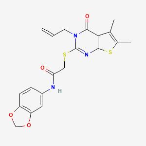 molecular formula C20H19N3O4S2 B2453078 N-(2H-1,3-benzodioxol-5-yl)-2-{[5,6-dimethyl-4-oxo-3-(prop-2-en-1-yl)-3H,4H-thieno[2,3-d]pyrimidin-2-yl]sulfanyl}acetamide CAS No. 315685-28-0