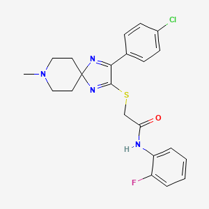 molecular formula C22H22ClFN4OS B2453079 2-((3-(4-chlorophenyl)-8-methyl-1,4,8-triazaspiro[4.5]deca-1,3-dien-2-yl)thio)-N-(2-fluorophenyl)acetamide CAS No. 1185005-56-4