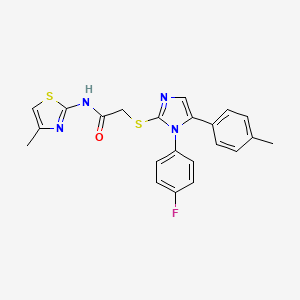 molecular formula C22H19FN4OS2 B2453103 2-((1-(4-fluorophenyl)-5-(p-tolyl)-1H-imidazol-2-yl)thio)-N-(4-methylthiazol-2-yl)acetamide CAS No. 1207001-52-2
