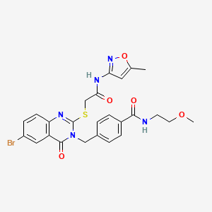 molecular formula C25H24BrN5O5S B2453129 4-((6-bromo-2-((2-((5-methylisoxazol-3-yl)amino)-2-oxoethyl)thio)-4-oxoquinazolin-3(4H)-yl)methyl)-N-(2-methoxyethyl)benzamide CAS No. 422288-67-3