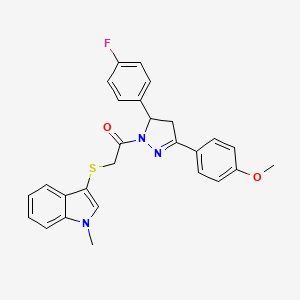 molecular formula C27H24FN3O2S B2453131 1-(5-(4-fluorophenyl)-3-(4-methoxyphenyl)-4,5-dihydro-1H-pyrazol-1-yl)-2-((1-methyl-1H-indol-3-yl)thio)ethanone CAS No. 681280-14-8
