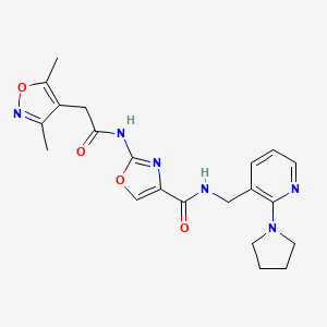 molecular formula C21H24N6O4 B2453253 2-(2-(3,5-dimethylisoxazol-4-yl)acetamido)-N-((2-(pyrrolidin-1-yl)pyridin-3-yl)methyl)oxazole-4-carboxamide CAS No. 1797578-73-4