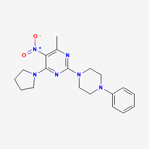molecular formula C19H24N6O2 B2453256 4-Methyl-5-nitro-2-(4-phenylpiperazin-1-yl)-6-(pyrrolidin-1-yl)pyrimidine CAS No. 1209842-84-1