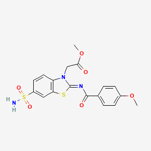 molecular formula C18H17N3O6S2 B2453290 (Z)-methyl 2-(2-((4-methoxybenzoyl)imino)-6-sulfamoylbenzo[d]thiazol-3(2H)-yl)acetate CAS No. 865198-66-9
