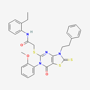 molecular formula C30H28N4O3S3 B2453295 N-(2-ethylphenyl)-2-((6-(2-methoxyphenyl)-7-oxo-3-phenethyl-2-thioxo-2,3,6,7-tetrahydrothiazolo[4,5-d]pyrimidin-5-yl)thio)acetamide CAS No. 422306-78-3