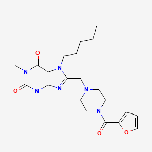 molecular formula C22H30N6O4 B2453338 8-((4-(furan-2-carbonyl)piperazin-1-yl)methyl)-1,3-dimethyl-7-pentyl-1H-purine-2,6(3H,7H)-dione CAS No. 851941-09-8