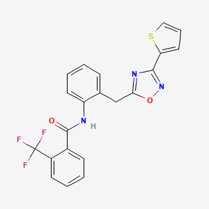 molecular formula C21H14F3N3O2S B2453395 N-(2-((3-(thiophen-2-yl)-1,2,4-oxadiazol-5-yl)methyl)phenyl)-2-(trifluoromethyl)benzamide CAS No. 1797960-19-0