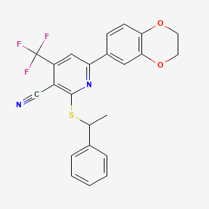 molecular formula C23H17F3N2O2S B2453481 6-(2,3-Dihydro-1,4-benzodioxin-6-yl)-2-[(1-phenylethyl)sulfanyl]-4-(trifluoromethyl)pyridine-3-carbonitrile CAS No. 625376-56-9