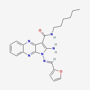 molecular formula C22H24N6O2 B2453521 (E)-2-amino-1-((furan-2-ylmethylene)amino)-N-hexyl-1H-pyrrolo[2,3-b]quinoxaline-3-carboxamide CAS No. 799837-45-9