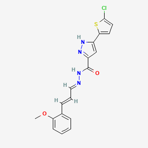 molecular formula C18H15ClN4O2S B2453698 3-(5-chlorothiophen-2-yl)-N'-[(1E,2E)-3-(2-methoxyphenyl)prop-2-en-1-ylidene]-1H-pyrazole-5-carbohydrazide CAS No. 308095-81-0