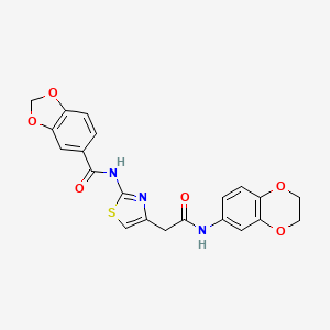 molecular formula C21H17N3O6S B2453699 N-(4-(2-((2,3-dihydrobenzo[b][1,4]dioxin-6-yl)amino)-2-oxoethyl)thiazol-2-yl)benzo[d][1,3]dioxole-5-carboxamide CAS No. 941899-03-2