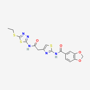 molecular formula C17H15N5O4S3 B2453703 N-(4-(2-((5-(ethylthio)-1,3,4-thiadiazol-2-yl)amino)-2-oxoethyl)thiazol-2-yl)benzo[d][1,3]dioxole-5-carboxamide CAS No. 921520-48-1