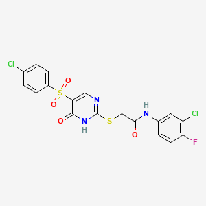 molecular formula C18H12Cl2FN3O4S2 B2453793 N-(3-chloro-4-fluorophenyl)-2-((5-((4-chlorophenyl)sulfonyl)-6-oxo-1,6-dihydropyrimidin-2-yl)thio)acetamide CAS No. 899726-79-5