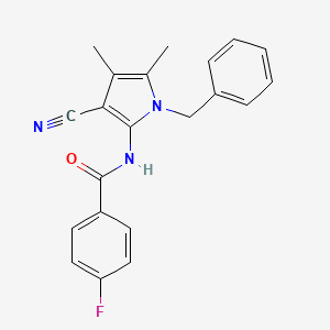 molecular formula C21H18FN3O B2453855 N-(1-benzyl-3-cyano-4,5-dimethyl-1H-pyrrol-2-yl)-4-fluorobenzenecarboxamide CAS No. 478032-92-7