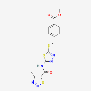 molecular formula C15H13N5O3S3 B2453977 Methyl 4-(((5-(4-methyl-1,2,3-thiadiazole-5-carboxamido)-1,3,4-thiadiazol-2-yl)thio)methyl)benzoate CAS No. 1351644-06-8