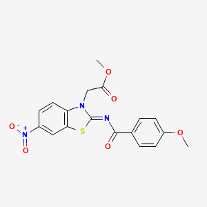 molecular formula C18H15N3O6S B2453993 Methyl 2-[2-(4-methoxybenzoyl)imino-6-nitro-1,3-benzothiazol-3-yl]acetate CAS No. 865198-35-2