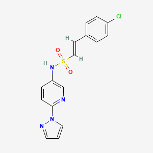 molecular formula C16H13ClN4O2S B2454002 (E)-2-(4-氯苯基)-N-(6-吡唑-1-基吡啶-3-基)乙烯磺酰胺 CAS No. 1173311-60-8