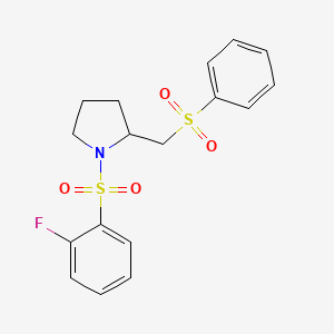 molecular formula C17H18FNO4S2 B2454033 1-((2-Fluorophenyl)sulfonyl)-2-((phenylsulfonyl)methyl)pyrrolidine CAS No. 1448074-80-3