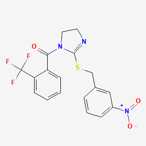 molecular formula C18H14F3N3O3S B2454045 (2-((3-硝基苄基)硫代)-4,5-二氢-1H-咪唑-1-基)(2-(三氟甲基)苯基)甲酮 CAS No. 851808-74-7