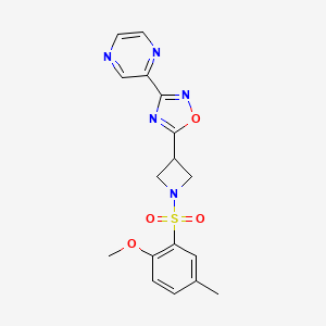molecular formula C17H17N5O4S B2454100 5-(1-((2-Methoxy-5-methylphenyl)sulfonyl)azetidin-3-yl)-3-(pyrazin-2-yl)-1,2,4-oxadiazole CAS No. 1324507-31-4