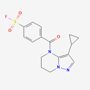 molecular formula C16H16FN3O3S B2454103 4-(3-Cyclopropyl-6,7-dihydro-5H-pyrazolo[1,5-a]pyrimidine-4-carbonyl)benzenesulfonyl fluoride CAS No. 2249310-39-0