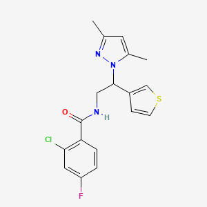 molecular formula C18H17ClFN3OS B2454127 2-氯-N-(2-(3,5-二甲基-1H-吡唑-1-基)-2-(噻吩-3-基)乙基)-4-氟苯甲酰胺 CAS No. 2034546-04-6