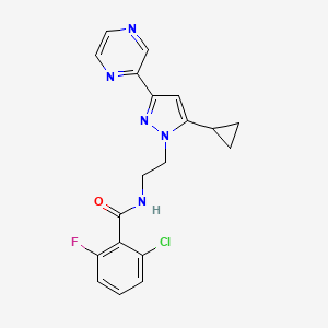 molecular formula C19H17ClFN5O B2454139 2-氯-N-(2-(5-环丙基-3-(吡嗪-2-基)-1H-吡唑-1-基)乙基)-6-氟苯甲酰胺 CAS No. 2034290-91-8