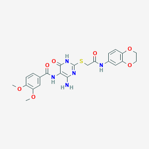 molecular formula C23H23N5O7S B2454148 N-(4-amino-2-((2-((2,3-dihydrobenzo[b][1,4]dioxin-6-yl)amino)-2-oxoethyl)thio)-6-oxo-1,6-dihydropyrimidin-5-yl)-3,4-dimethoxybenzamide CAS No. 868227-98-9