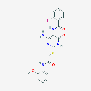 molecular formula C20H18FN5O4S B2454171 N-(4-氨基-2-((2-((2-甲氧基苯基)氨基)-2-氧代乙基)硫代)-6-氧代-1,6-二氢嘧啶-5-基)-2-氟苯甲酰胺 CAS No. 888423-23-2