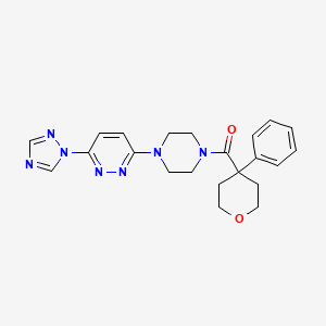 molecular formula C22H25N7O2 B2454176 (4-(6-(1H-1,2,4-triazol-1-yl)pyridazin-3-yl)piperazin-1-yl)(4-phenyltetrahydro-2H-pyran-4-yl)methanone CAS No. 1798487-32-7
