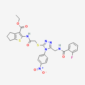 molecular formula C28H25FN6O6S2 B2454178 ethyl 2-(2-((5-((2-fluorobenzamido)methyl)-4-(4-nitrophenyl)-4H-1,2,4-triazol-3-yl)thio)acetamido)-5,6-dihydro-4H-cyclopenta[b]thiophene-3-carboxylate CAS No. 393808-39-4