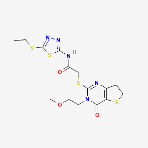 molecular formula C16H21N5O3S4 B2454187 N-(5-ethylsulfanyl-1,3,4-thiadiazol-2-yl)-2-[[3-(2-methoxyethyl)-6-methyl-4-oxo-6,7-dihydrothieno[3,2-d]pyrimidin-2-yl]sulfanyl]acetamide CAS No. 851409-96-6