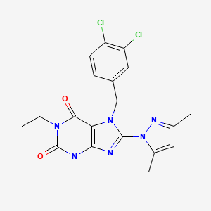 molecular formula C20H20Cl2N6O2 B2454214 7-(3,4-dichlorobenzyl)-8-(3,5-dimethyl-1H-pyrazol-1-yl)-1-ethyl-3-methyl-1H-purine-2,6(3H,7H)-dione CAS No. 1013989-71-3